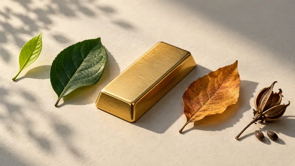 AI illustration: gold with leaves representing the seasons